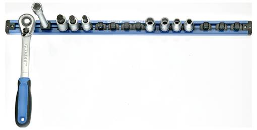 A socket wrench set on a blue rail organizer, featuring various socket sizes and a hand tool with a blue and black grip handle.