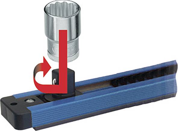 A metal socket being attached to a blue and black tool handle with a red arrow indicating a twisting motion for connection.