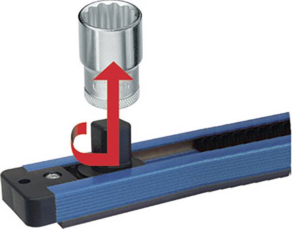 A cutter tool with a rotating knob and an upward arrow indicating how to remove or adjust the blade.