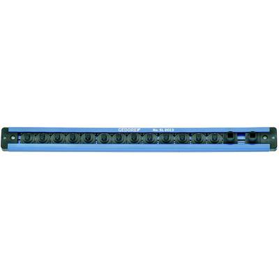 A blue geometric set square protractor with the inscription 'Geodreieck No.16 20.13', mounted in a black holder.