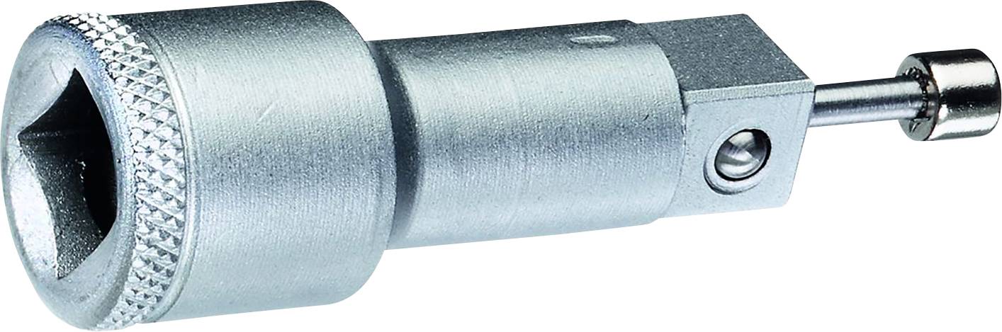 A silver screwdriver bit with a hexagonal profile and a knurled edge.