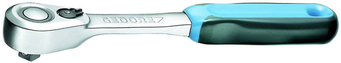 A silver ratchet spanner with a black, rubber-coated handle and a blue accent, suitable for mechanical work.