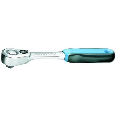 A silver ratchet spanner with a black, rubber-coated handle and a blue accent, suitable for mechanical work.