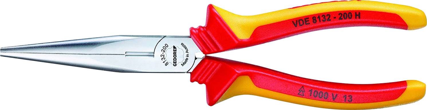 Long-nose pliers with red and yellow insulated handle, suitable for electrical work up to 1000 V.