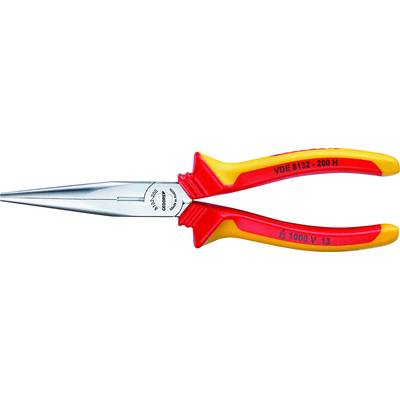 Long-nose pliers with red and yellow insulated handle, suitable for electrical work up to 1000 V.