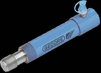 A blue hydraulic cylinder with the inscription 'GEDORE'. The cylinder has a metal piston and a connecting sleeve.