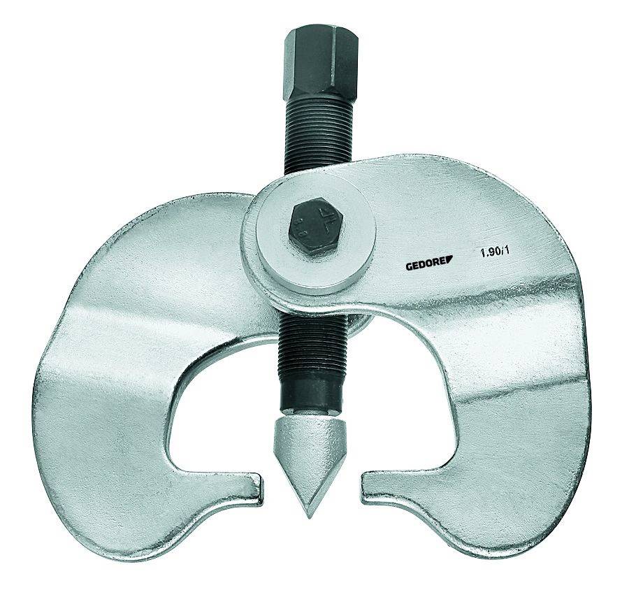 A metal puller tool with a screw mechanism. It has two curved arms and a central bolt that transfers the force.