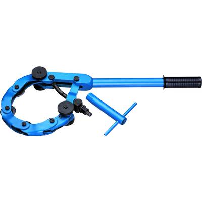 A blue pipe cutter with a circular blade mechanism and a long handle, used for precisely cutting pipes.