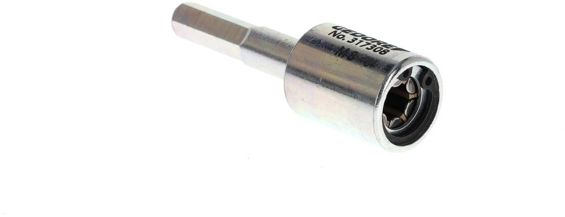 A metallic, hexagonal nut with numbers and letters printed on it, used for mechanical tools, isolated against a white background.