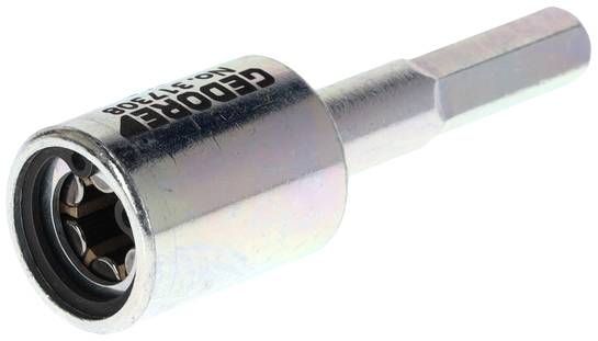 Metal drill adapter, cylindrical in shape with a hexagonal extension.