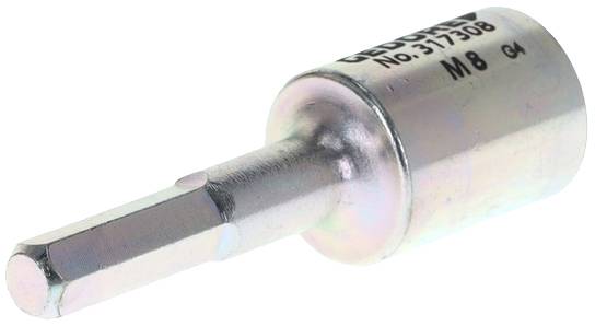 Metallic cylindrical adaptor with manufacturer and model number. Suitable for M8 hexagonal threaded connections.