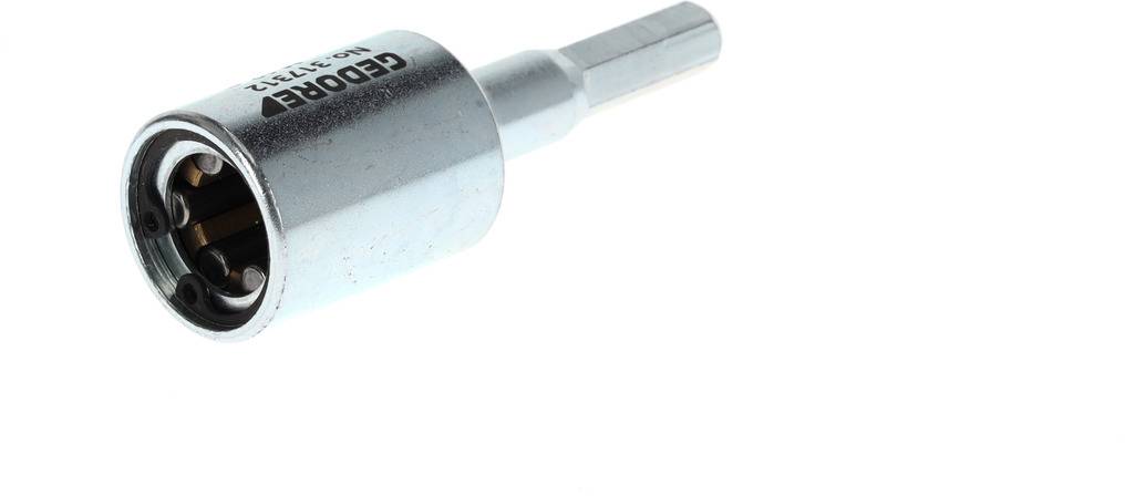 A silver-coloured socket attachment with multiple movable rods inside, suitable for various screw head sizes.