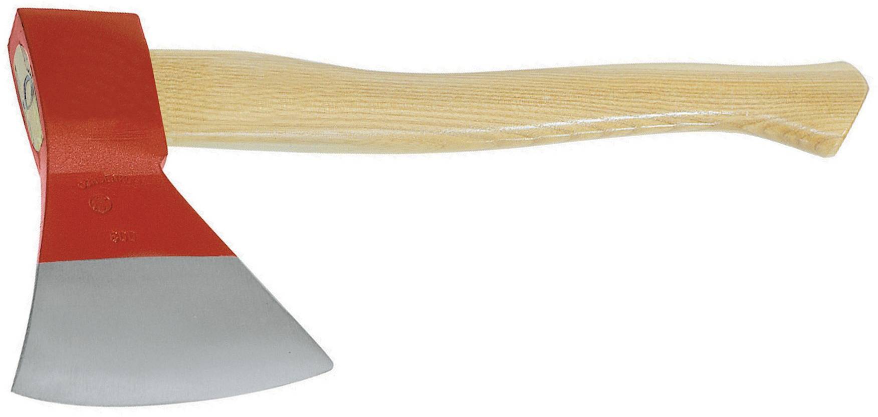 An axe with a wooden handle and a red and silver blade.
