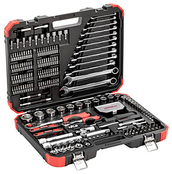 An open toolbox with various spanners, socket wrenches, and accessories, neatly arranged in compartments.