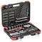 An open toolbox with various spanners, socket wrenches, and accessories, neatly arranged in compartments.