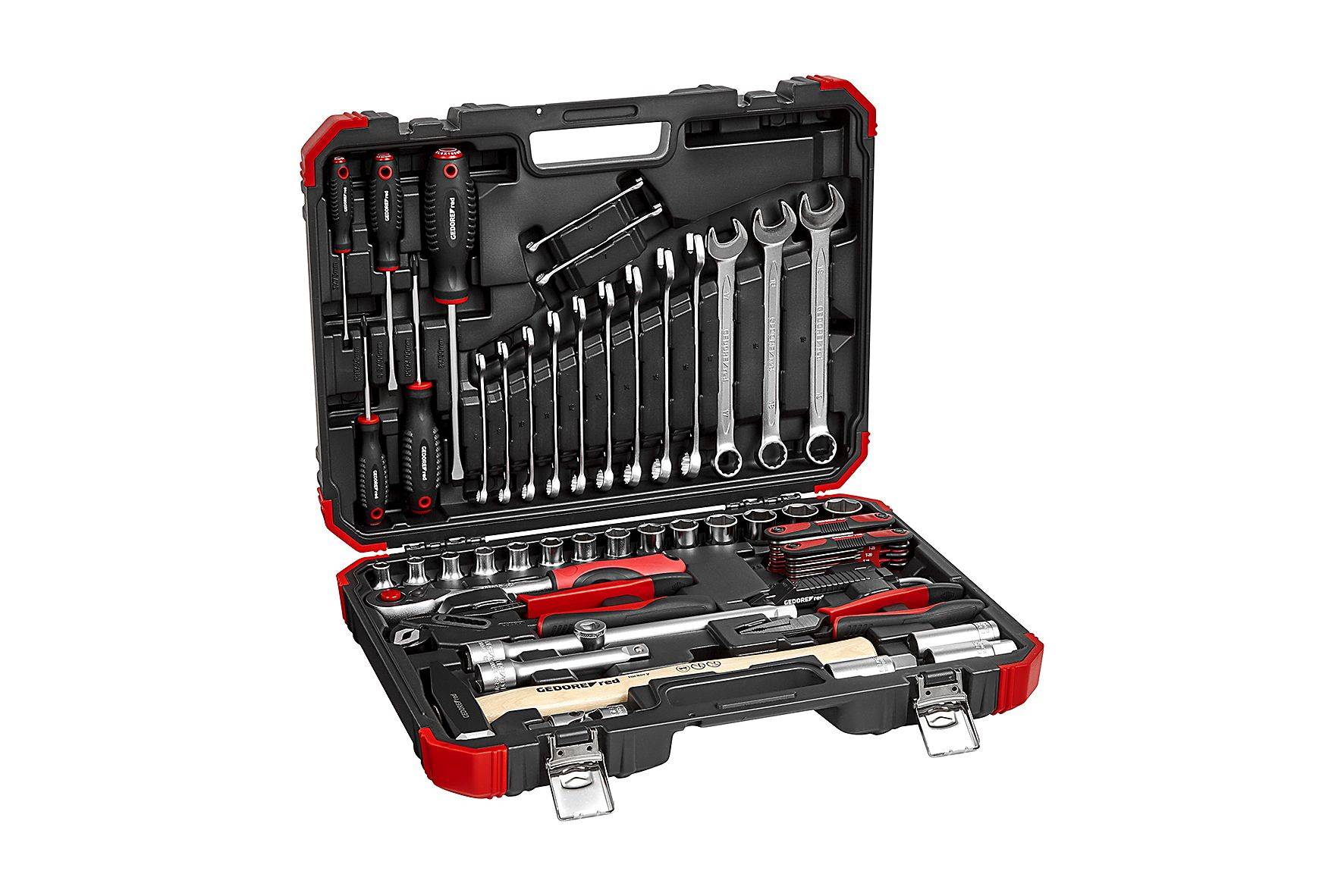 An opened toolbox with various tools such as screwdrivers, spanners and pliers, neatly arranged.