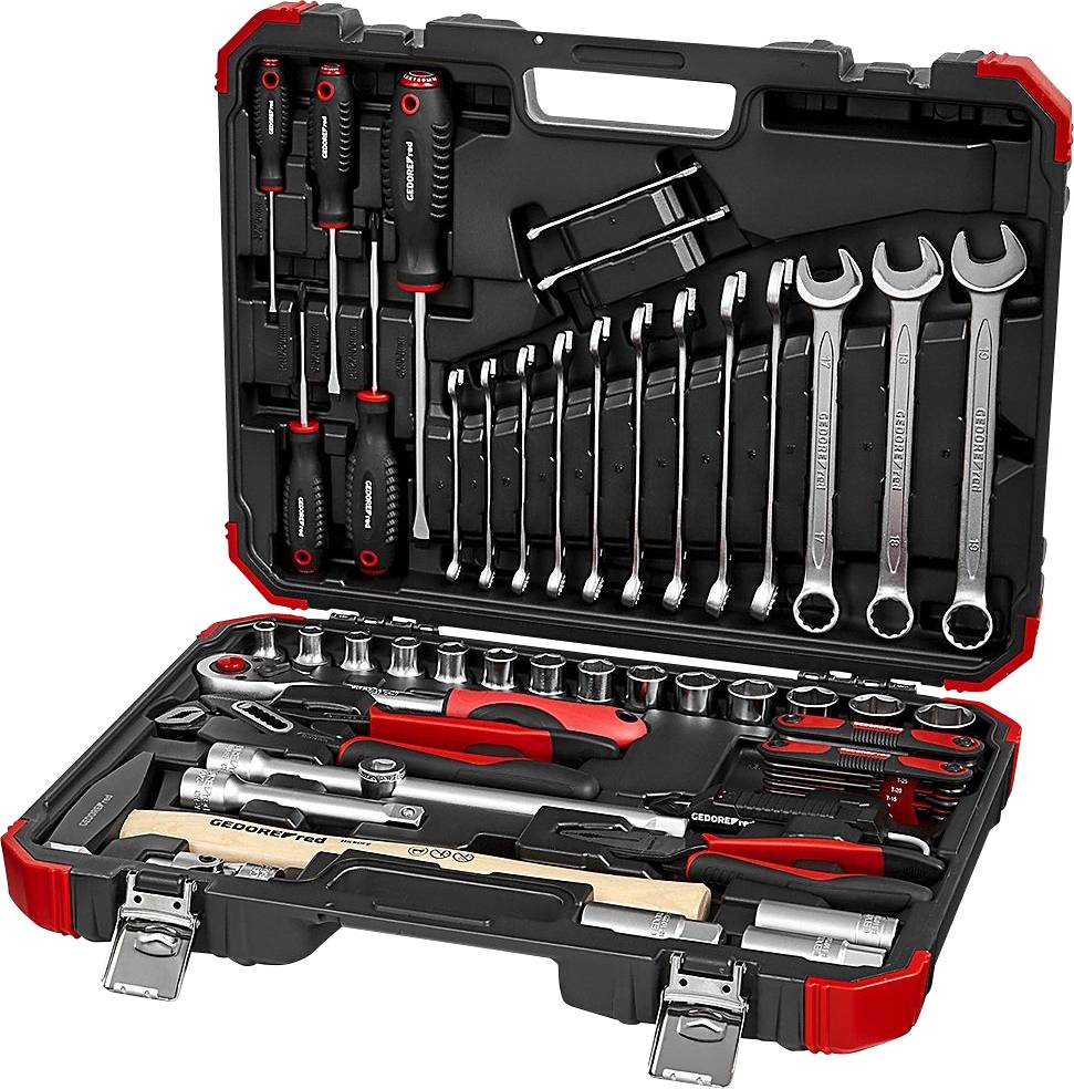 Toolbox with an open lid displaying a set of screwdrivers, spanners, socket wrenches, and hammers. Everything is neatly arranged.