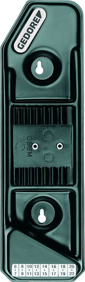 Tool holder with two round openings, black. 'GEDORE' brand printed on top. Scale from 6 to 22 with odd numbers at the bottom.