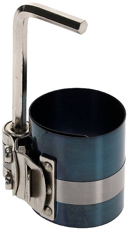 A metal hose clamp tool with a blue band and an L-shaped lever, used for clamping objects.