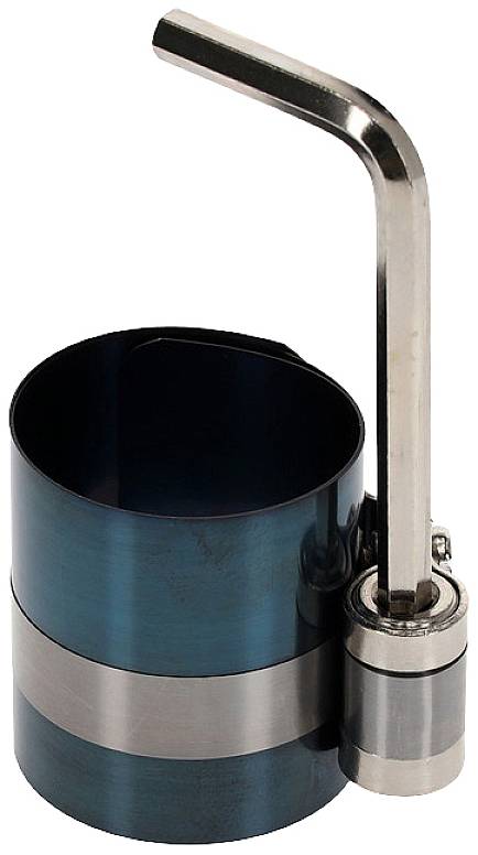 A blue, cylindrical piston ring compressor with a silver lever handle, used in automotive engineering for mounting piston rings.