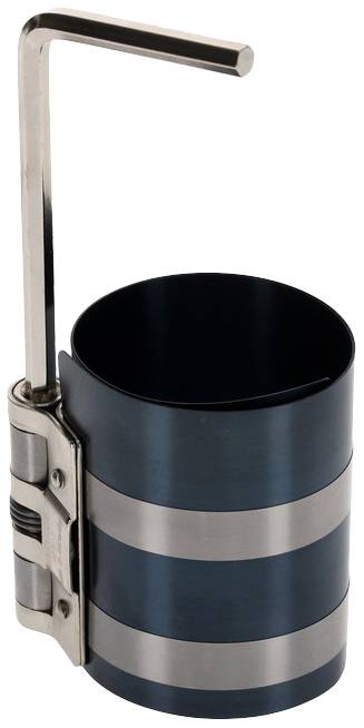 A black piston ring compressor with silver stripes, beside a right-angled handle. Tool for installing piston rings.
