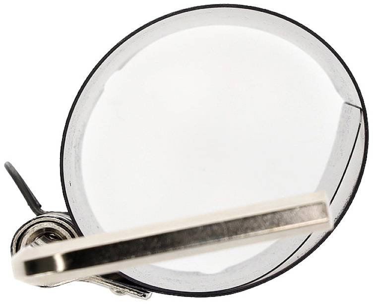 A round, silver magnifying glass with a folding handle, lying on a white surface. The focus is on the functionality of the magnifying glass.