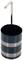 'A black cylindrical container with two silver stripes and a metallic handle.'