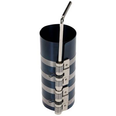 Metallic Pipe Alignment Tool for Heat Exchanger Assembly. Three Tension Straps and a Pull Lever on the Side.