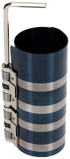 A blue cylinder with three silver metal bands and a curved handle at the top, most likely a pipe fitting tool.