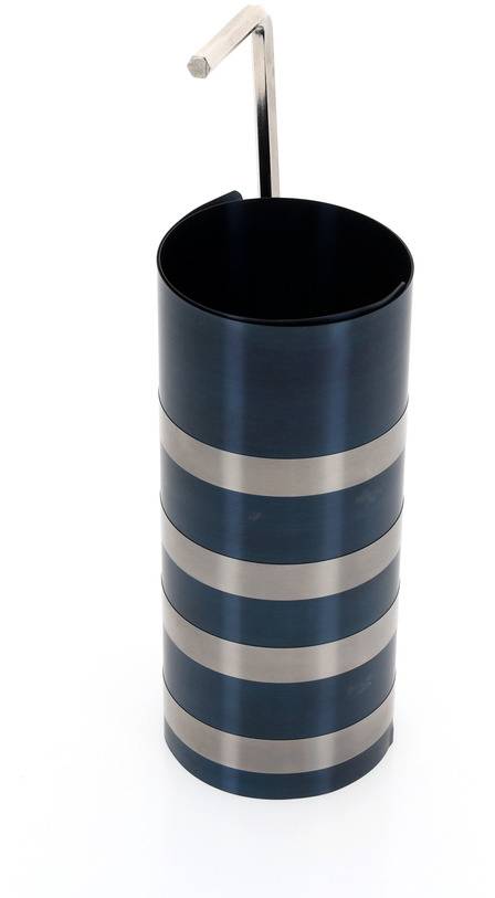 Cylindrical metal stand in blue with broad silver stripes and a right-angled hook protruding from the top.