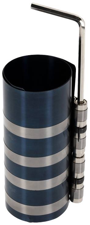 A blue metal poker with silver stripes and a curved handle.