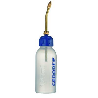 Oil bottle with a blue screw cap and transparent container, holding 125 ml, with a curved brass nozzle for precise oiling, brand 'Gedore'.