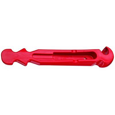 Red utility tool for opening packaging, with hooks and edges for cutting and levering.