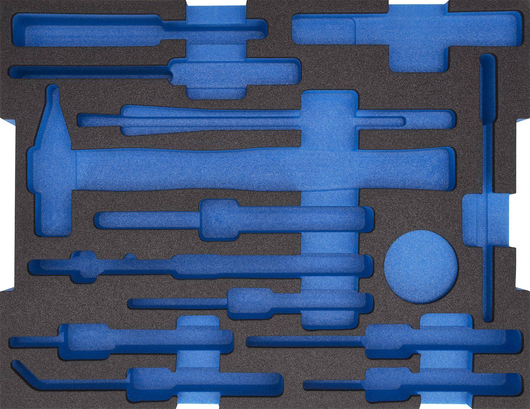 Tool insert with blue recesses; contains various tool shapes, including hammer and screwdriver, in black foam.