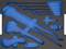 Blue foam insert with cut-outs for tools, in a black rectangular case, designed for organisation and protection.