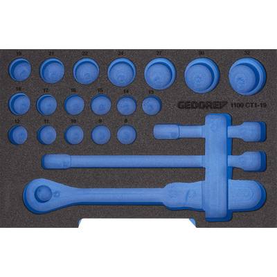 'Tool foam insert with blue recesses for sockets and handles in various sizes, GEDORE brand.'