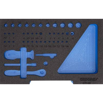A foam insert with blue tools: various hexagonal and screwdriver shapes, marked from P1 to T40.