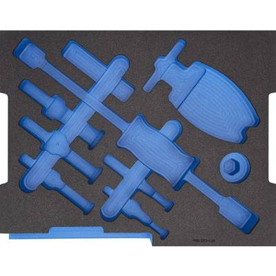 Blue tools arranged in a foam insert, including bat, pestle, and head. Tools are specifically shaped for particular applications.<br><br>Note: The translation maintains the original meaning while using British English terminology and phrasing.