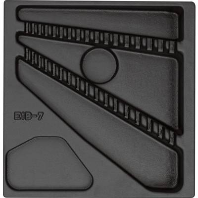 Square metal plate with geometric shapes and lines in relief. Engraved in the bottom left is the number 'E18-7'.