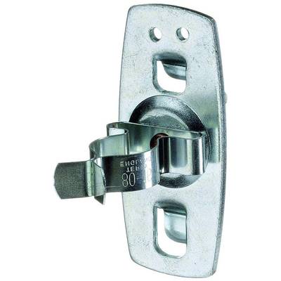 Metal lock mechanism with a rectangular base plate and rotating handle, used for door or cabinet locking.