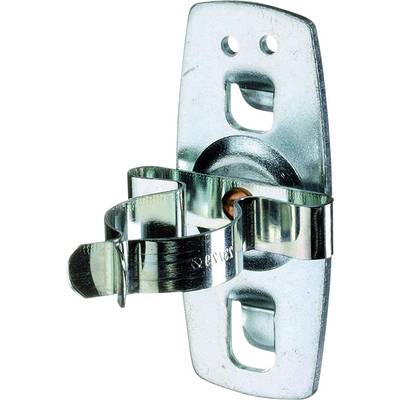 Metal mounting bracket for hooks or tools, silver-coloured, with a wavy clip and two screw holes for wall mounting.