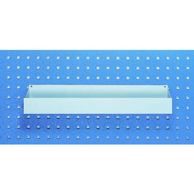 An empty, blue shelf in front of a blue perforated wall.
