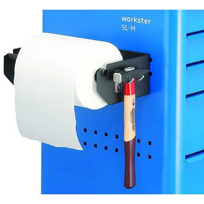 A blue workshop trolley with a prominent paper towel holder and a hammer attached on the right side.