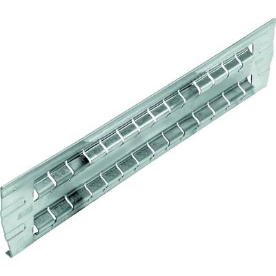 A metal rail connector with multiple rectangular recesses for connecting structural beams in the construction industry.
