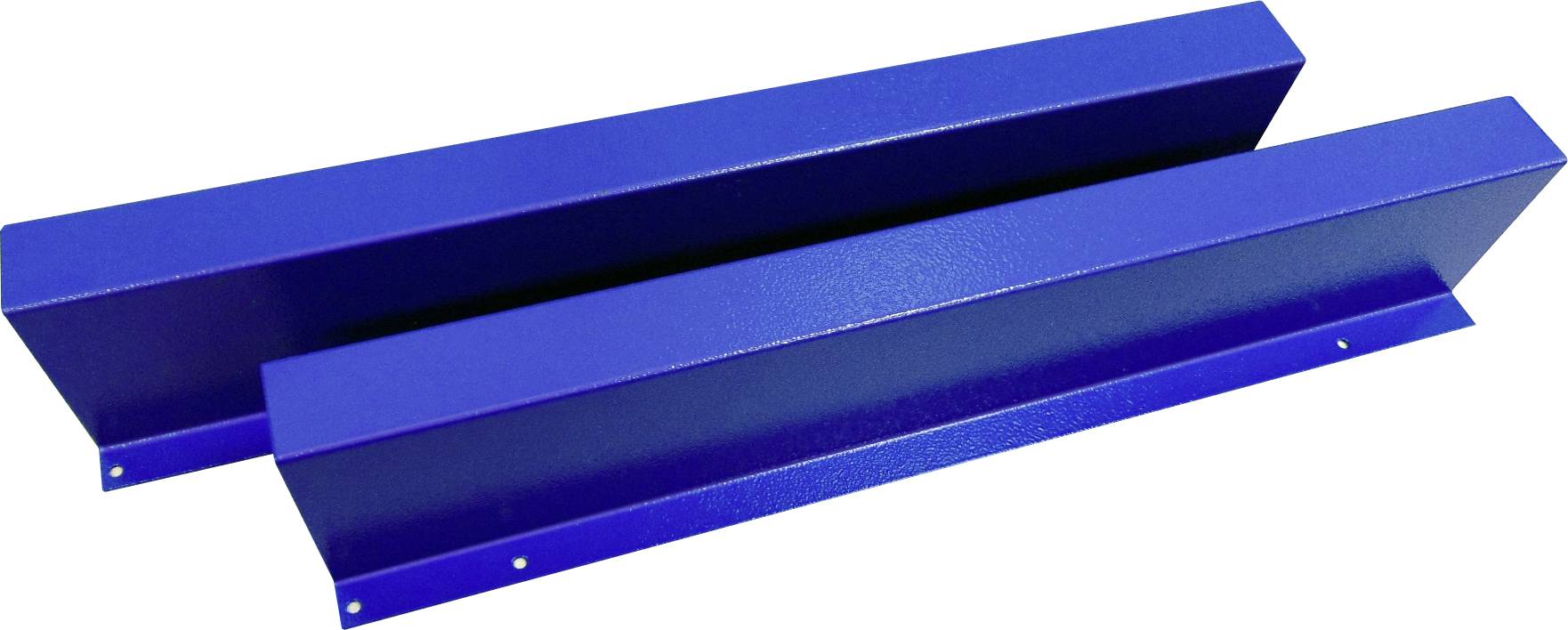 Two blue metal L-shaped brackets are lying next to each other. They are likely components or mountings for a construction.