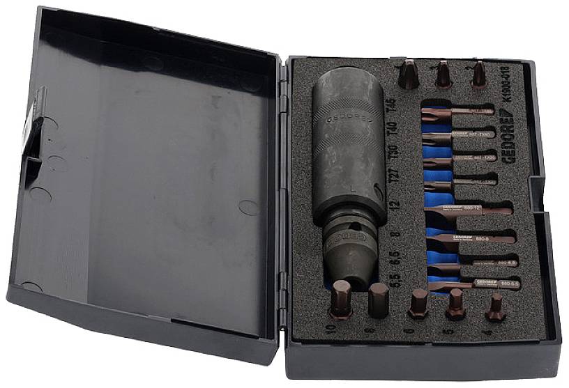Set of various sizes, organised in an open black case. Contains bits and accessories, suitable for mechanical work.