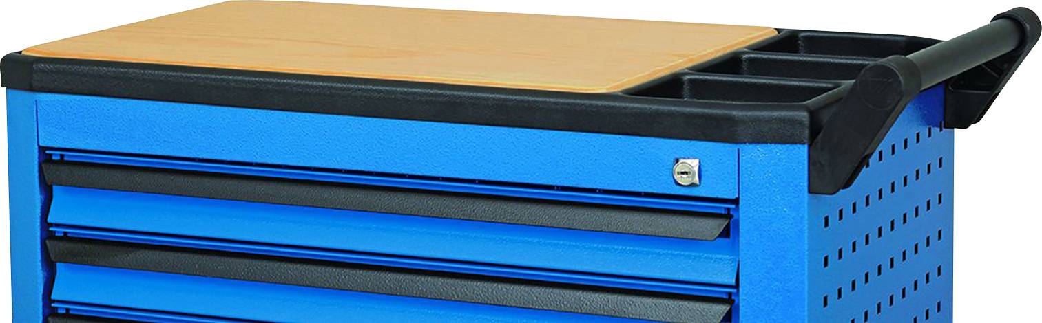 Blue workshop trolley with multiple drawers and a wooden work surface; suitable for storing tools.