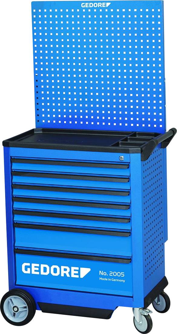 Blue tool trolley with six drawers and perforated back panel. Brand 'GEDORE', mobile with two large and two small wheels.