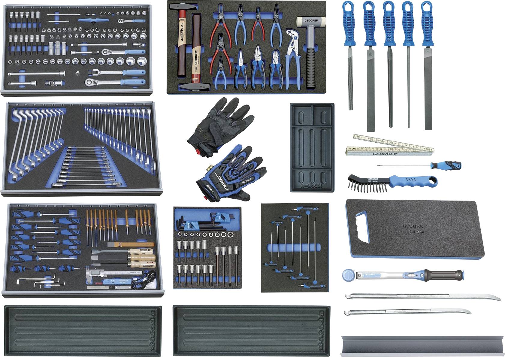 Tool set with spanners, pliers, files, screwdrivers and gloves, arranged in a foam inlay.