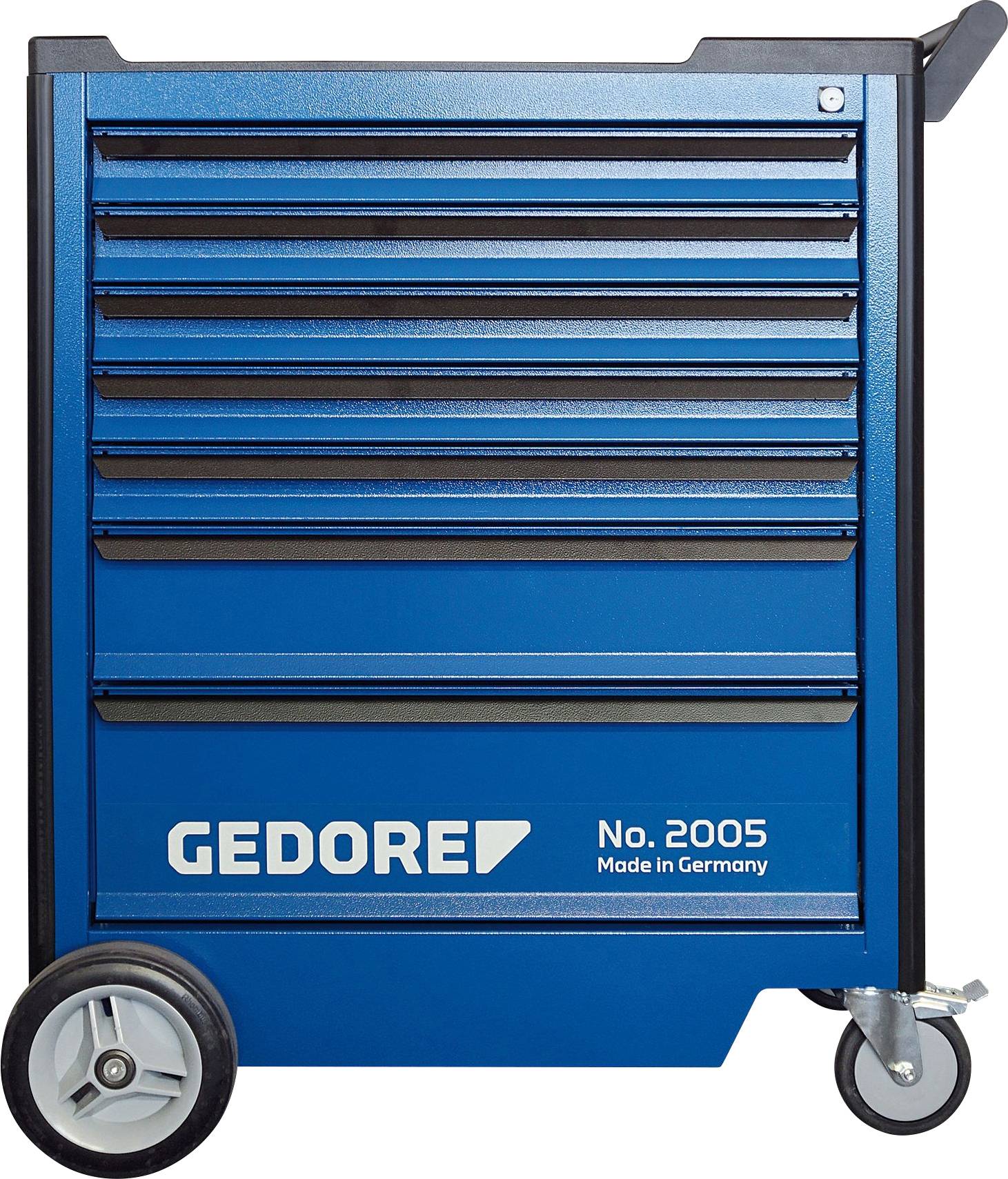 Blue workshop trolley with six drawers and two wheels, labelled 'GEDORE No. 2005 Made in Germany'.